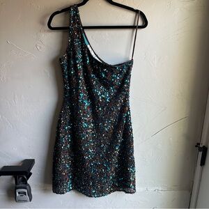 Scala Y2K One Shoulder Knee Length Dress Brown‎ & Blue Sequins and Beaded Sz 6